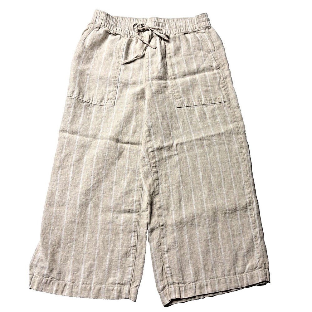 Lands' End Capri Crop Pants Linen High Rise Wide Leg Tan Stripes XS Petite